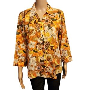 Retro Floral Print 3/4 Sleeve Casual Button Down Shirt Size L